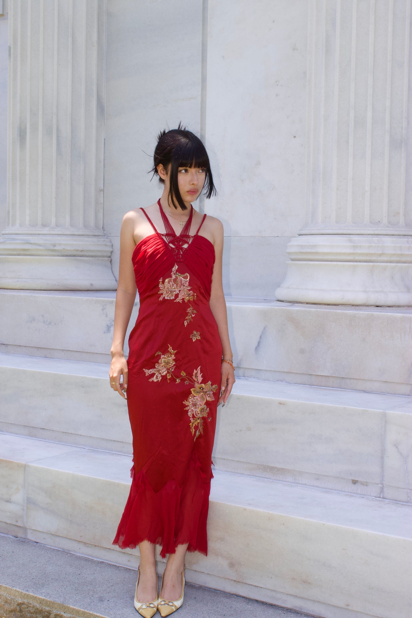 Red haltered dress