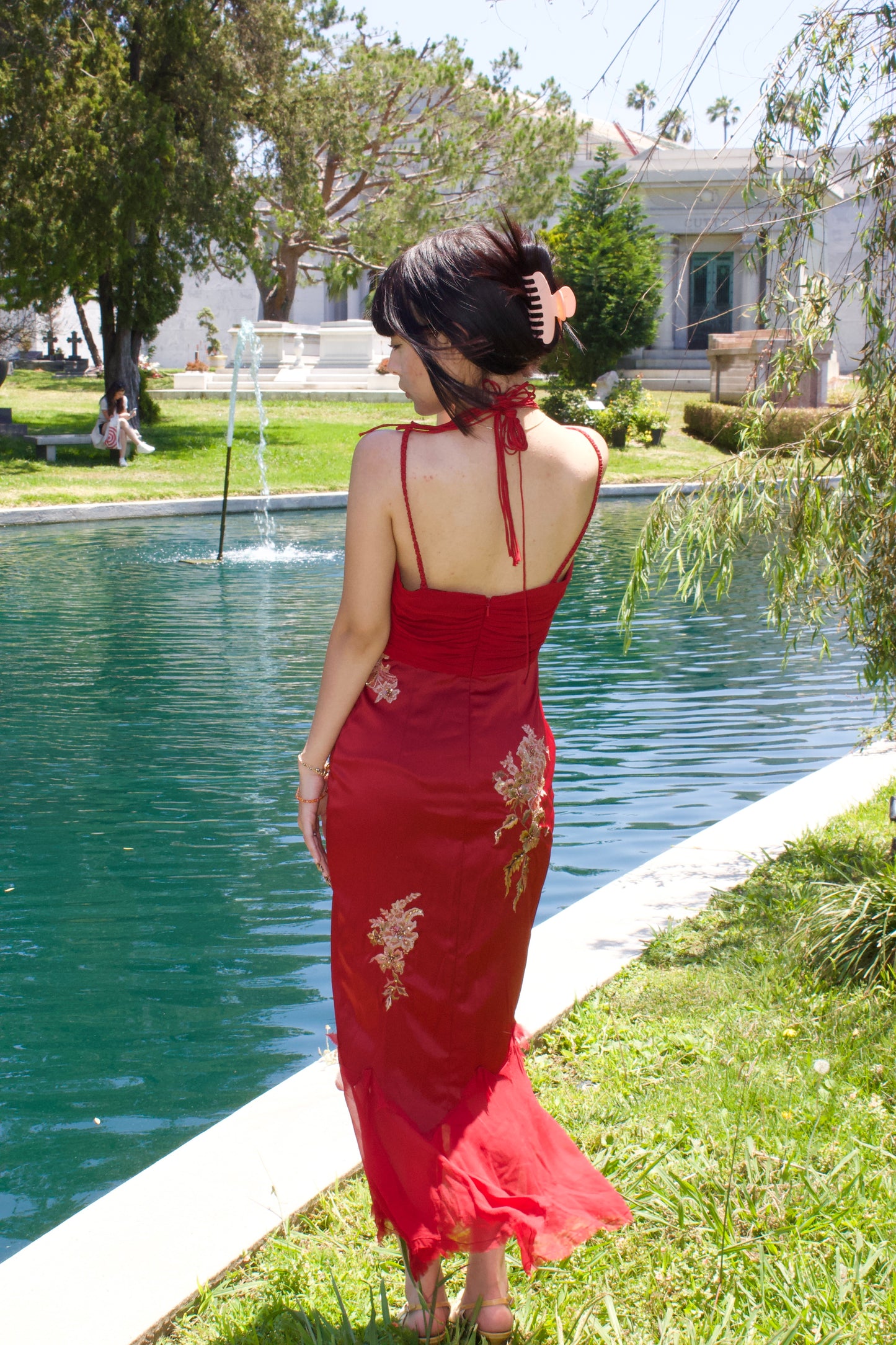 Red haltered dress