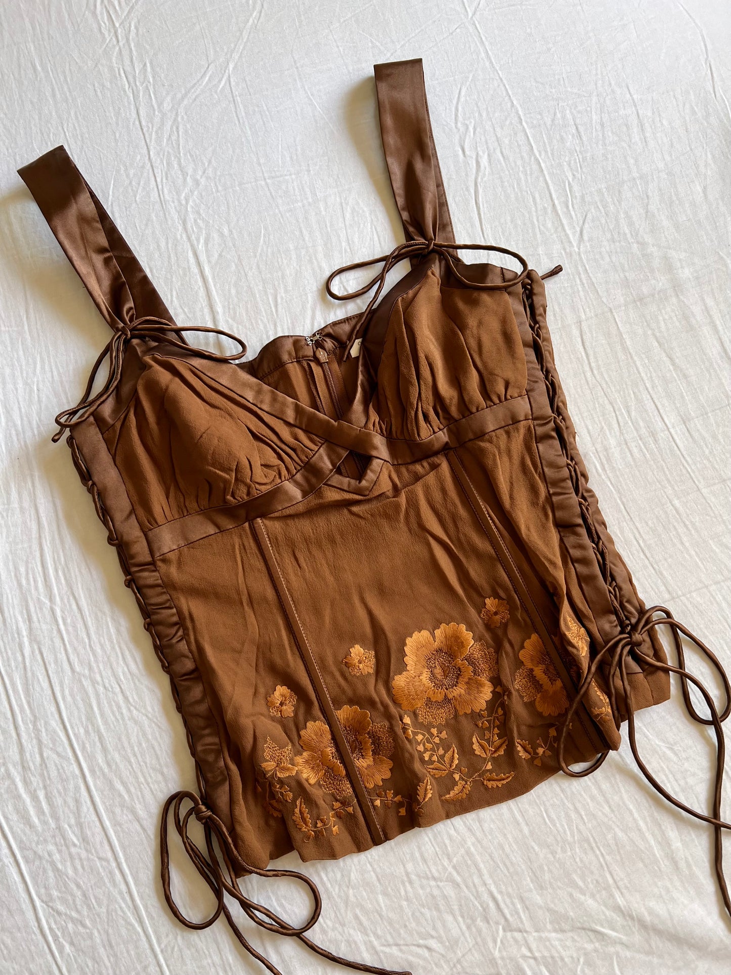 Brown silk laceup top