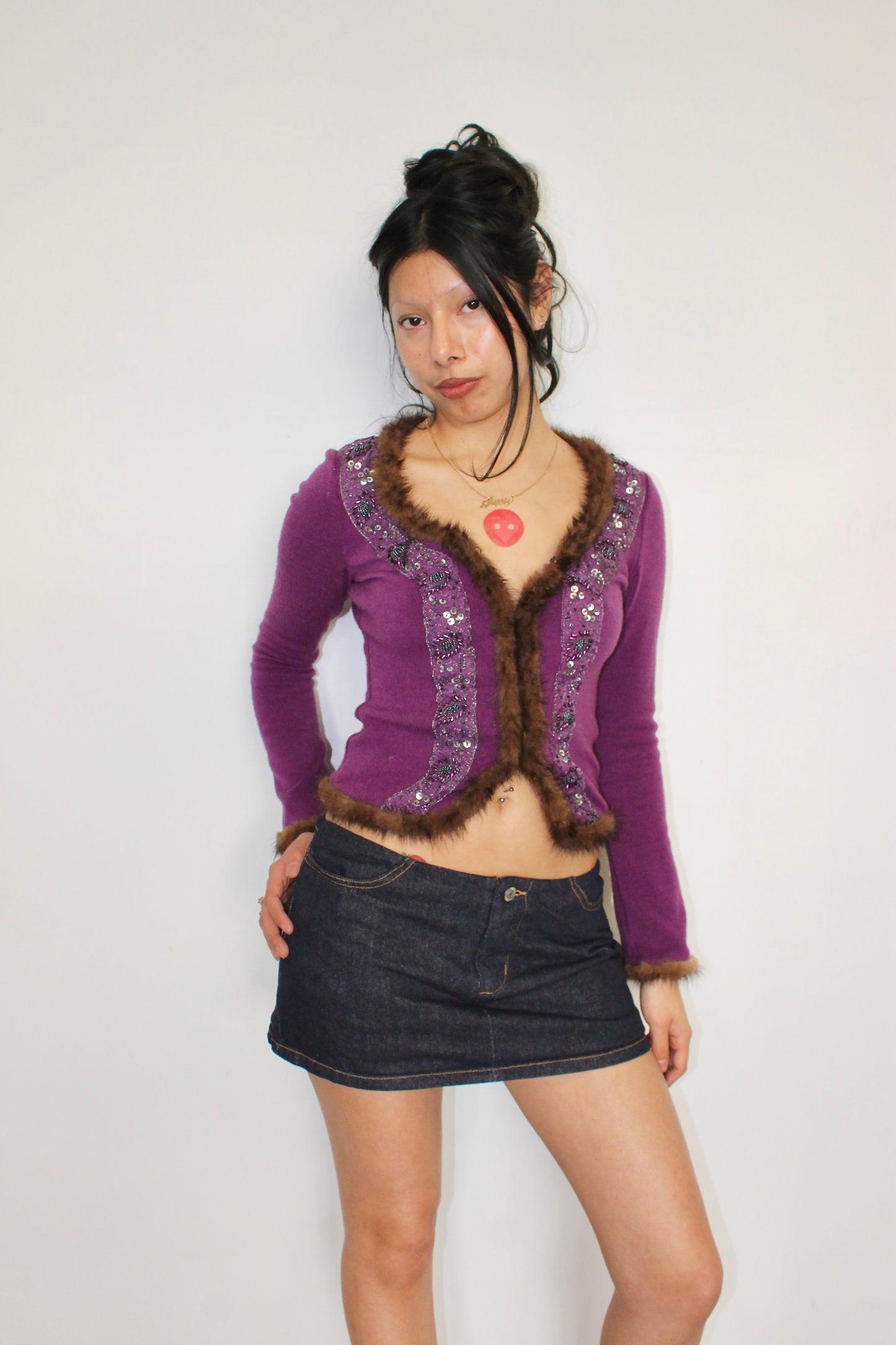 Vintage fur trim cardigan top