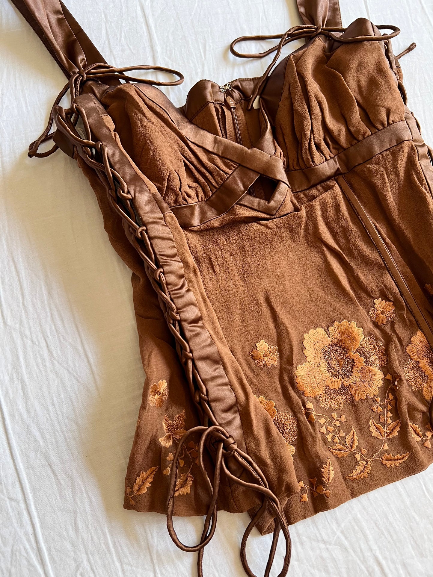 Brown silk laceup top