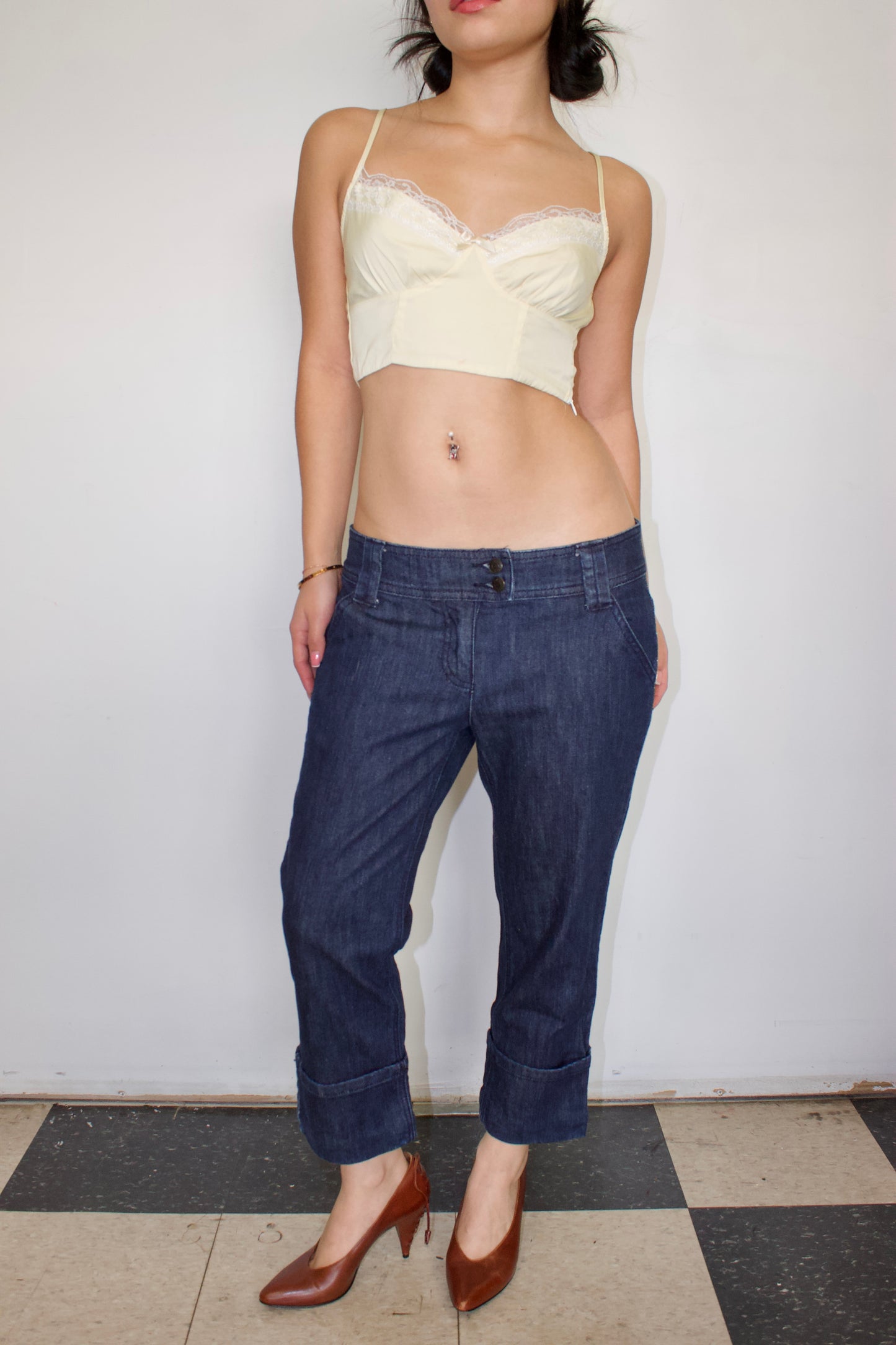 Vintage denim buckled capris