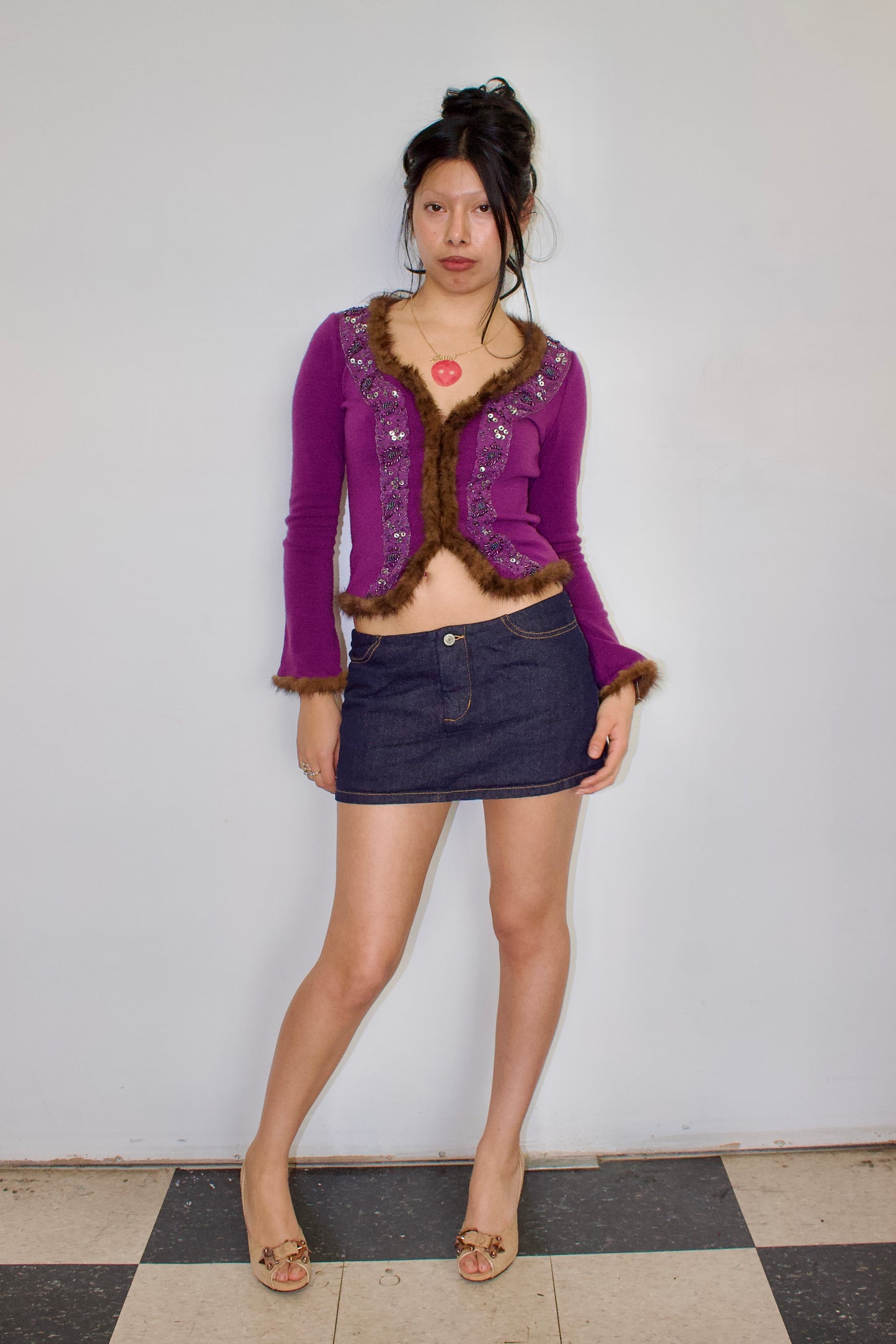 Vintage fur trim cardigan top