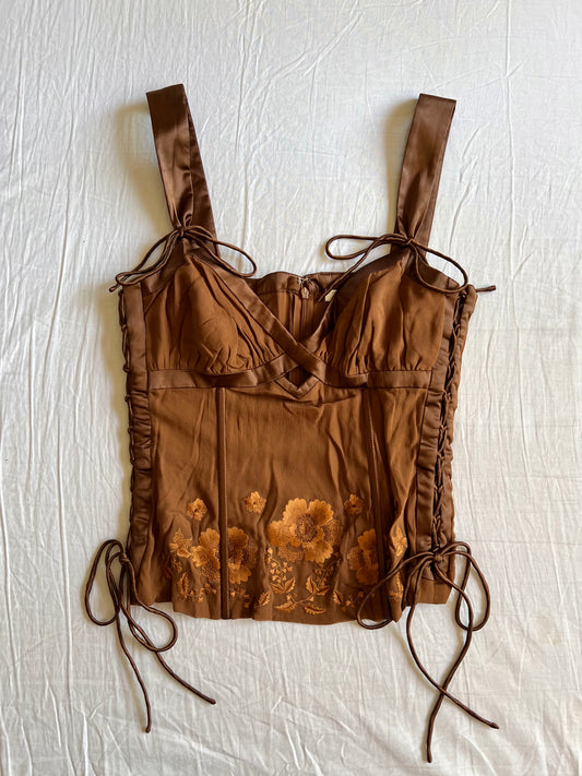 Brown silk laceup top