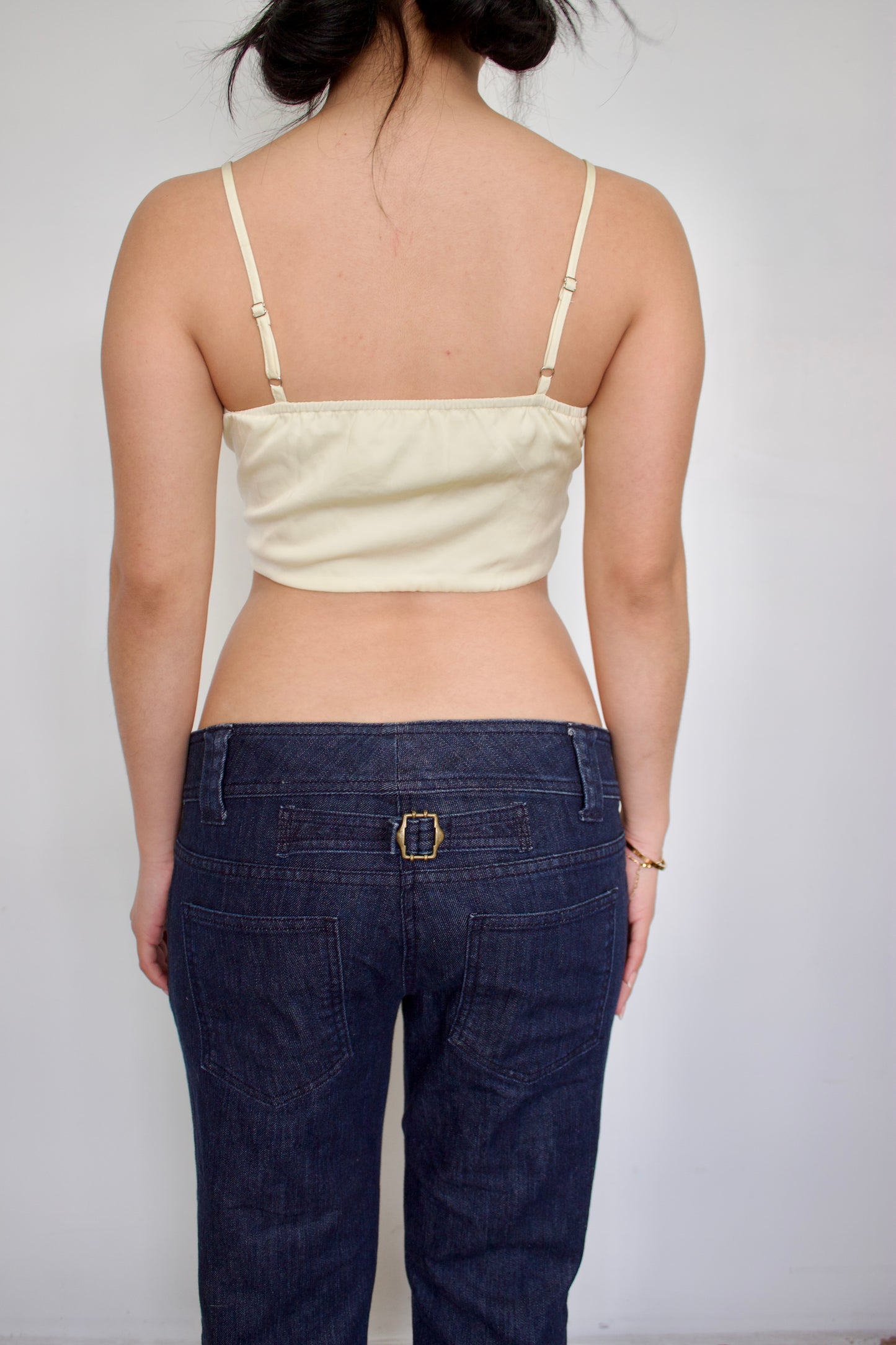 Vintage denim buckled capris