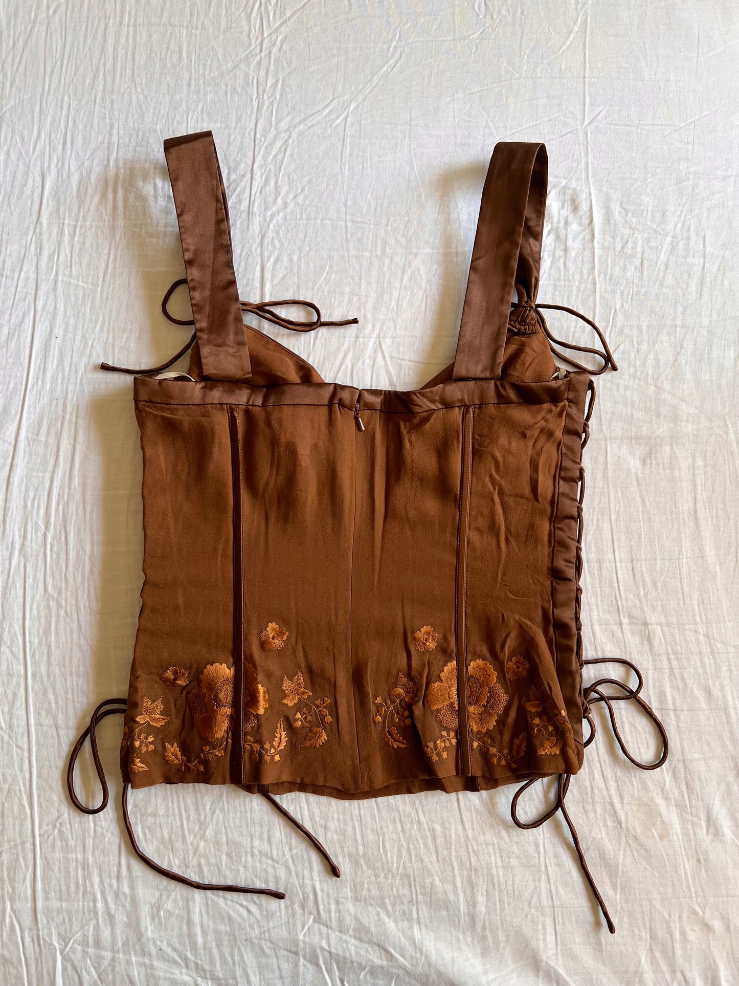 Brown silk laceup top