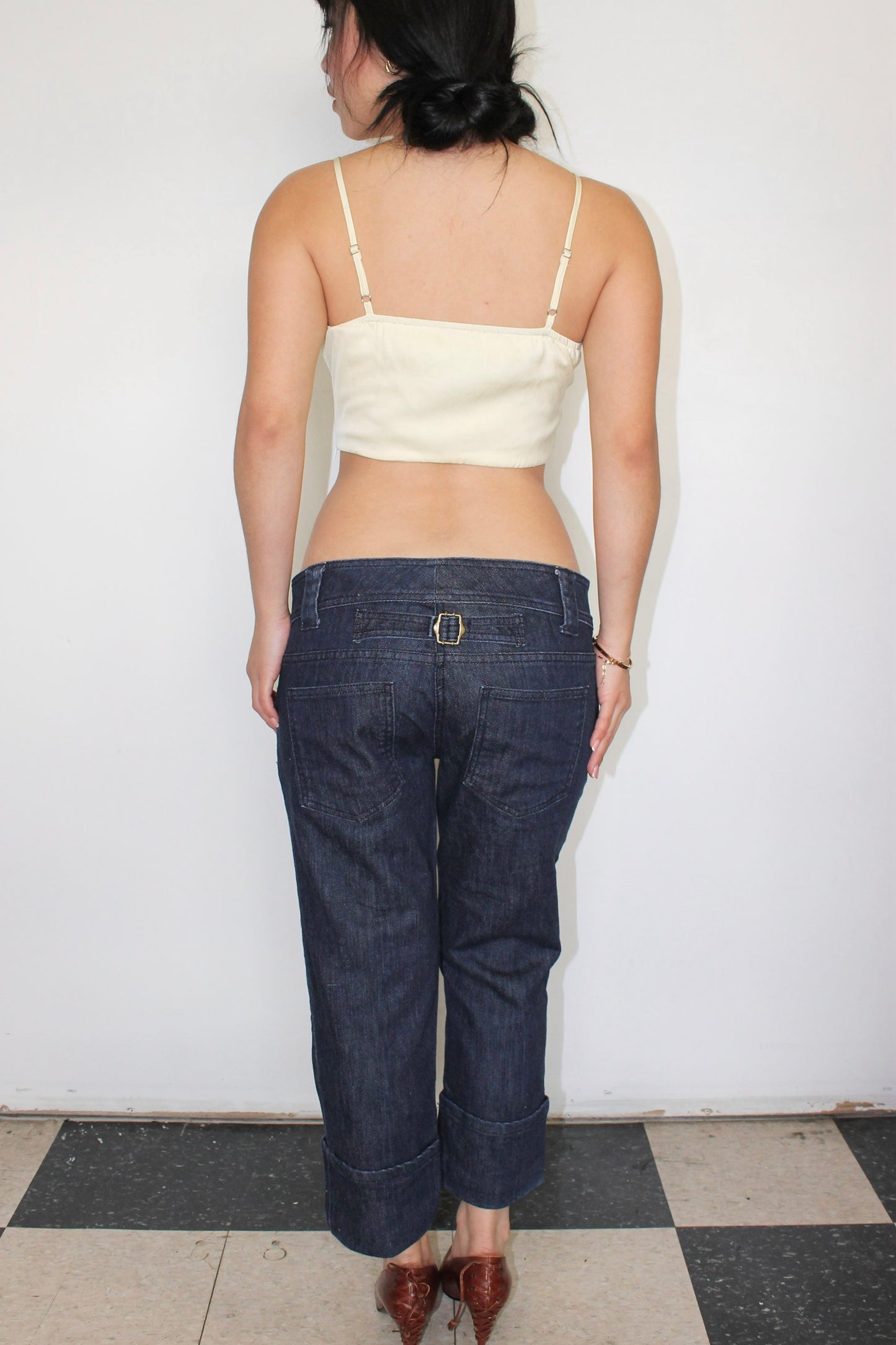 Vintage denim buckled capris