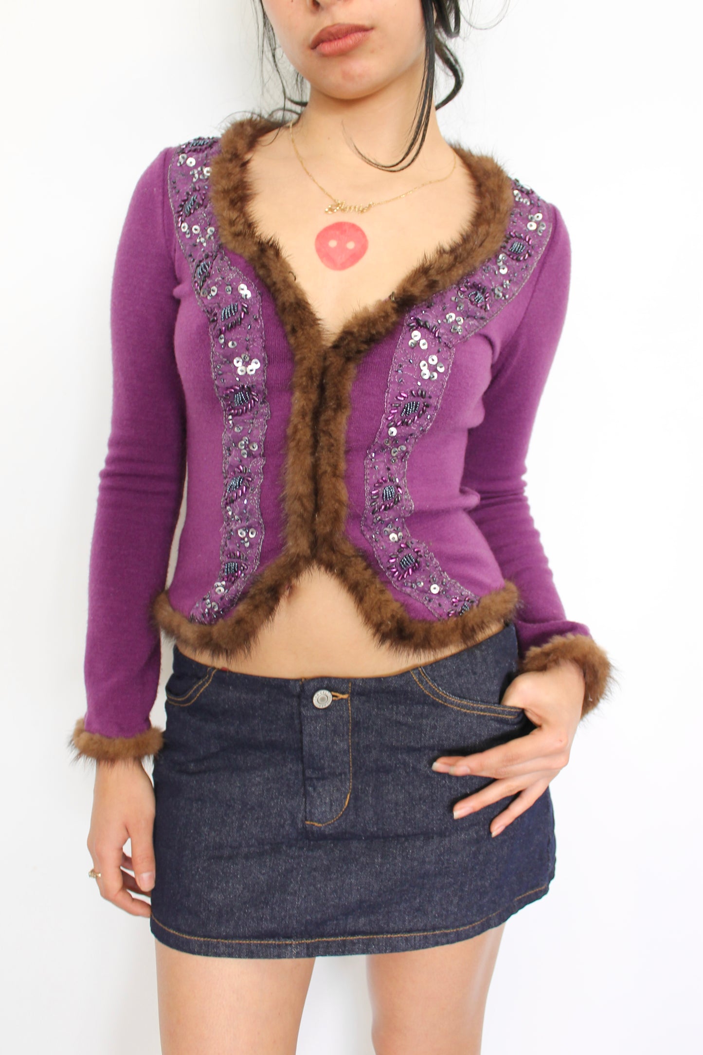 Vintage fur trim cardigan top